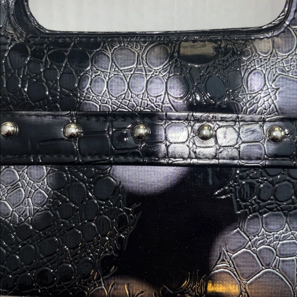 CAPIZ BRAND BLACK GRAY/SILVER HAND BAG/CLUTCH PATENT LEATHER FAUX SKIN STUDDED